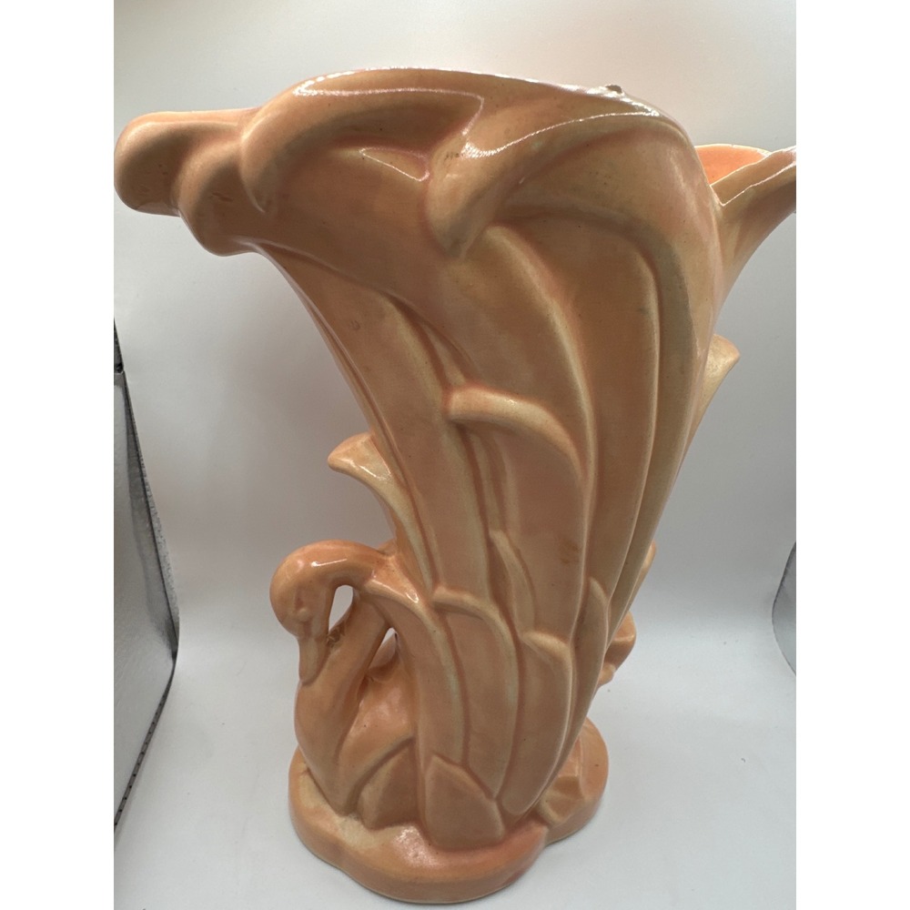 Vintage McCoy Pottery Swan Cornucopia Vase Peach Art Deco USA 9 Inch